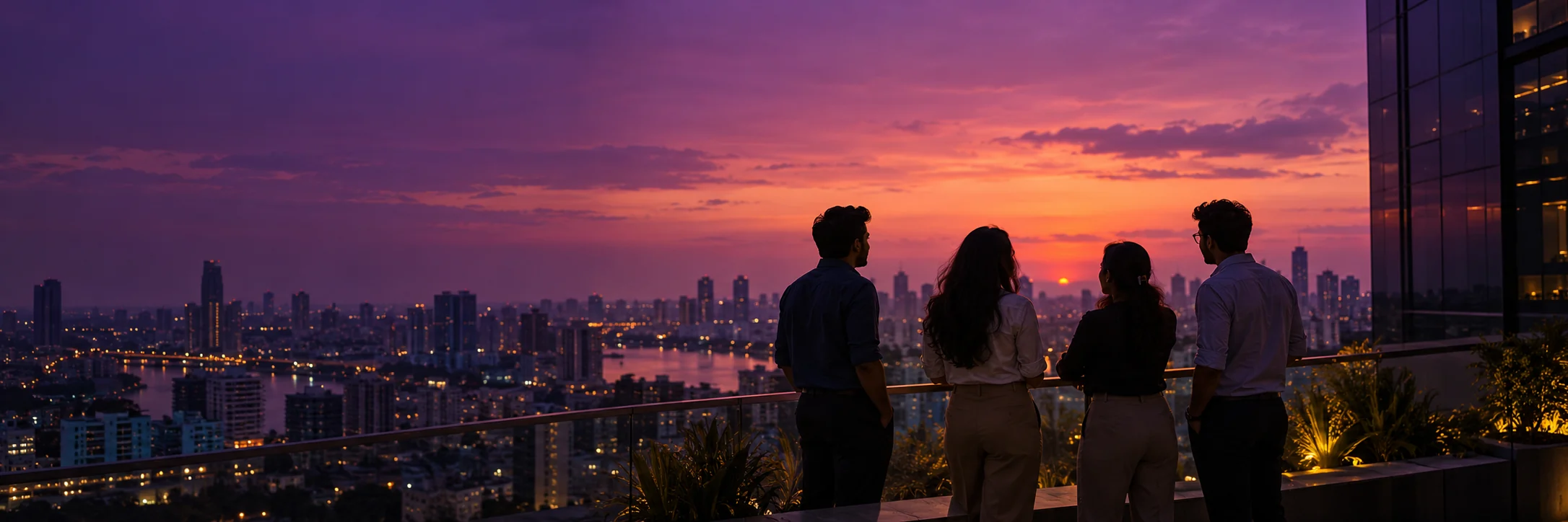 Four colleagues looking across a city skyline together at sunset